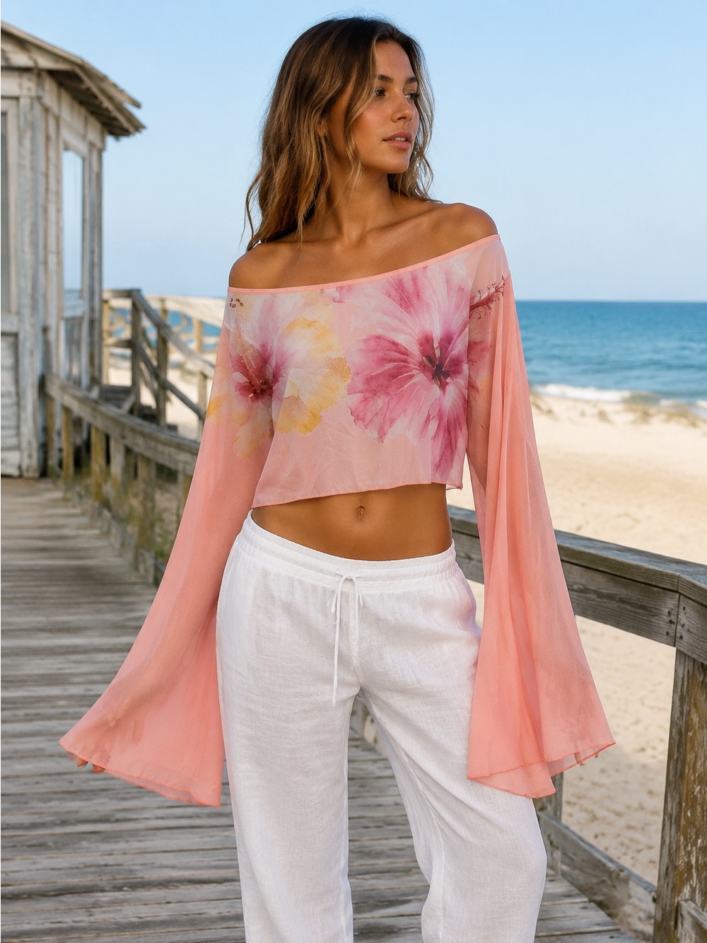 Watercolor Fairy Extra-Long Bell Sleeve Crop Top